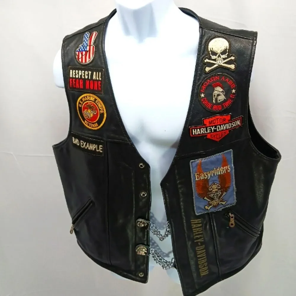Harley-Davidson Men's Black Leather Biker Vest - Patches & Pins, USMC Veteran L. - Picture 1 of 16